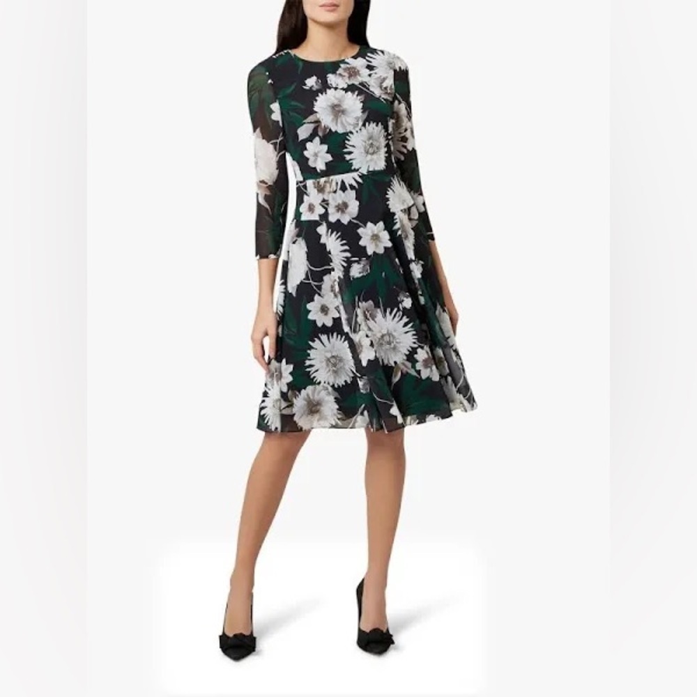 Hobbs London Dress green white black Floral Print Midi Length Dress size 2